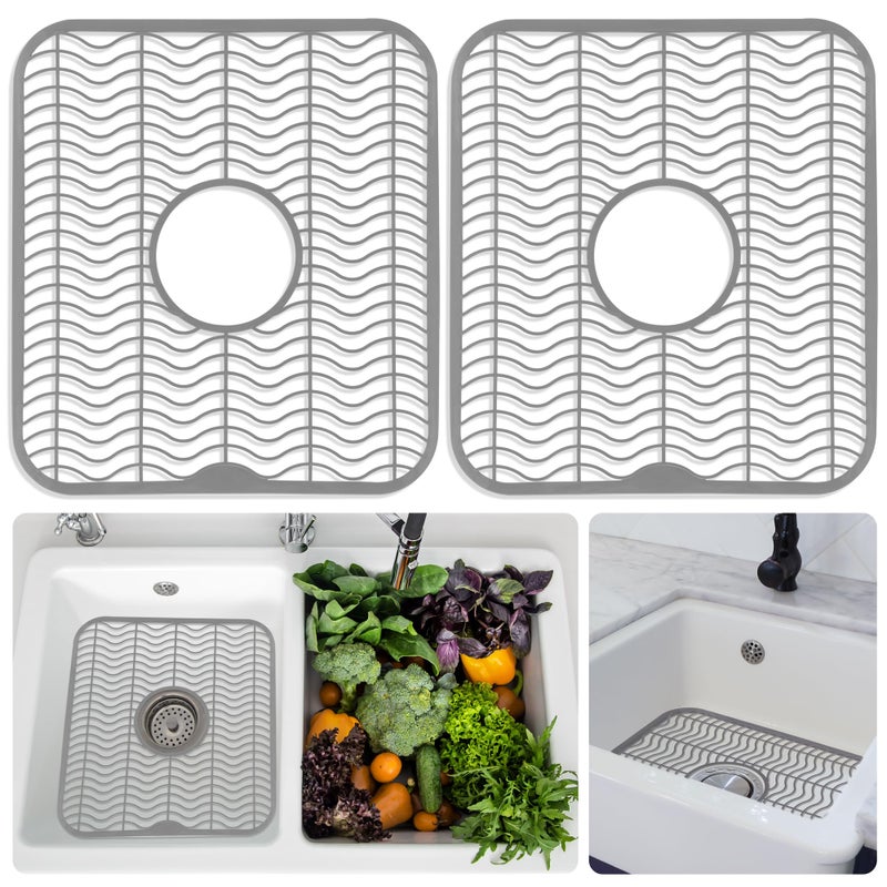 DecorRack 2 Sink Protectors for Kitchen Sink, Plastic 12"" x 11"" Dish Rack, Protect Sink from Stains, Damage, Scratches, Dishwasher Safe Grid Mat for Kitchen (2 Pack, Gray) - Image 1